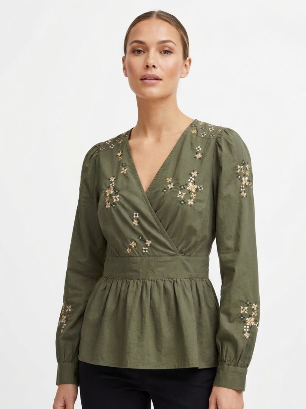 CREAM | PEPLUM CROSS FRONT V NECK EMBROIDERED OLIVE GREEN TOP